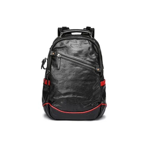 FAIRWHALE Рюкзак из крупнозернистой текстуры коровьей кожи стандартный мужской глубокий черный и красный глубокий черный цвет ягодный коричневый