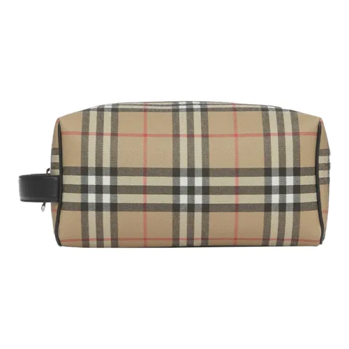 Burberry Винтаж Хлопок Коровья Кожа Полиуретан Клатч Путешественная Сумка Сумка для Хранения Унисекс Архивный Бежевый