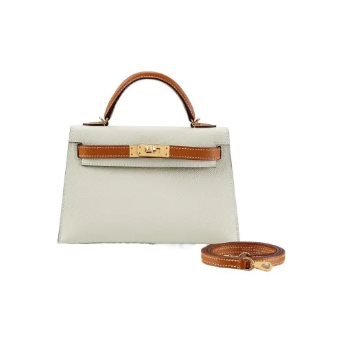 HERMES Mini Kelly 2nd Generation Эпсомская кожа Kelly Одно плечо Сумка Мини Женская Кремовый Белый Золотой Коричневый