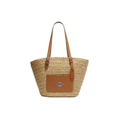 COACH Солома с кожаными вставками тоут сумка сумка для покупок сумка через плечо женская коричневый
