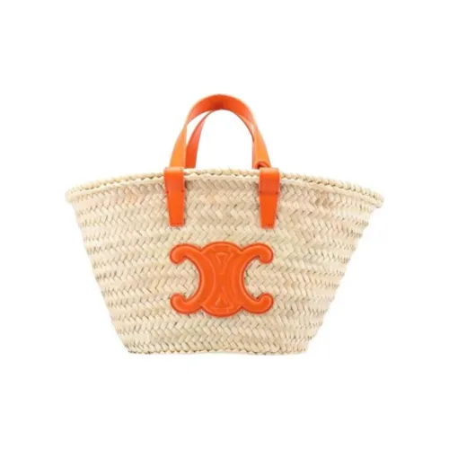CELINE Triomphe Пальмовый лист с коровьей кожей Тоут Сумка Сумка для покупок Basket Сумка Женская Апельсин