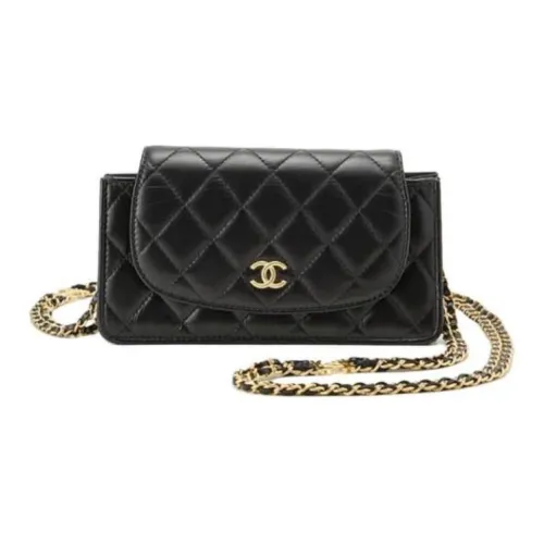 CHANEL 22K Осень и Зима Овчина Сумка с клапаном Одно плечо Через плечо Чехол для телефона Маленький Женский Черный