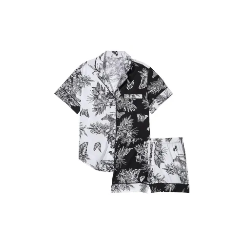Victoria's Secret Однотонный Короткий Рукав Эластичный Белый Комплект Пижамы Тропический С принтом Ткань