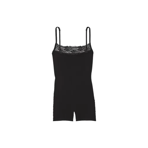 Victoria's Secret Розовый WINK Бесшовный Ребро Кружевная отделка Комбинезон Черный Дом Onesies Женские Черный