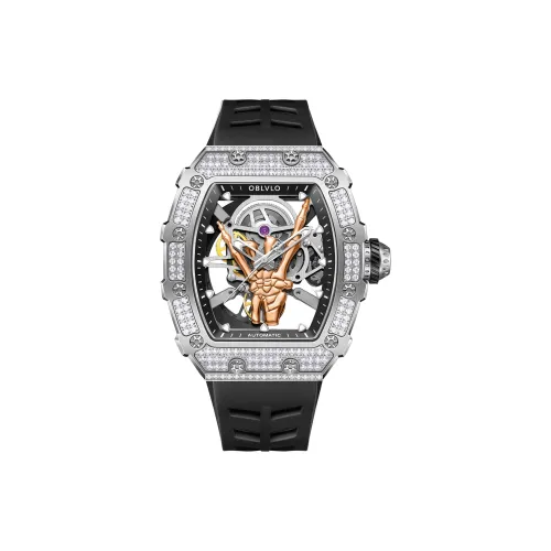 OBLVLO Автоматический механический механизм Eco Friendly Фторкаучук Ремень Часы Мужские часы Черепный циферблат