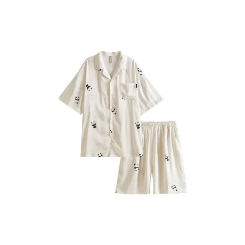 Same Language Пижамный комплект Мужской Бумажный Белый Чернила Панда