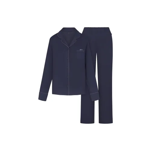 SKIMS Сон Длинный рукав Кнопка UP Комплект Пижама Комплект Женский Темно-синий Морской синий