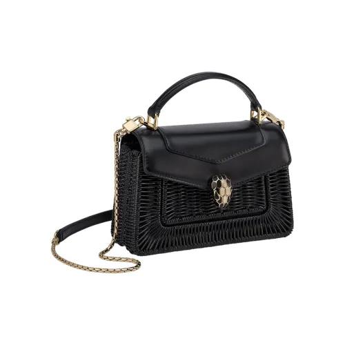 BVLGARI Serpenti Forever Вязаные ткани Прутья ивы с кожаными вставками Сумка через плечо Сумка Мини Женская Черная