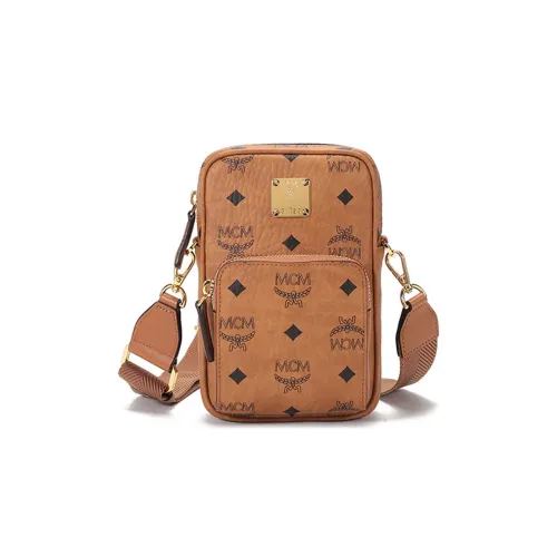 MCM Essential Visetos Origina Кожа Чехол для телефона Сумки через плечо Сумка через плечо Мини Унисекс Коньяк