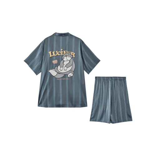 GUKOO x LUSIFU LIANMINGKUAN Летний комплект пижам Мужской Темно-циановый Серый