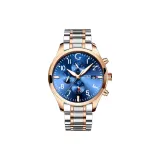 Розовый корпус, синий циферблат, стальной браслет.