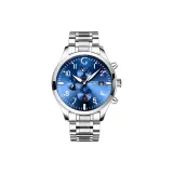 Белый корпус, синий циферблат, стальной браслет.