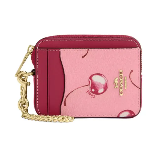 COACH Card Case Холст с покрытием и гладкая кожа Держатель для карт Мини Женский Цветочный Розовый и Ярко-фиолетовый