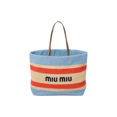 MIU MIU Raffia Tote Bag Shopping Bag Shoulder Bag Handbag Women's Rye Brown Light Blue
