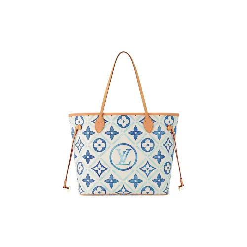 LOUIS VUITTON Neverefull MM Кожа Тоут Сумка Сумка для покупок Сумка среднего размера Женская Синяя