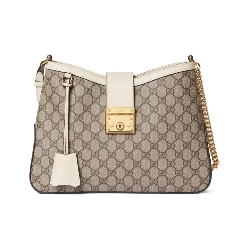 GUCCI Сумка с навесным замком холст с кожей обметка через плечо среднего размера женская белая и эбеновая