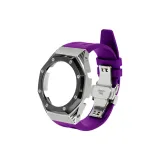 Серебряный стальной корпус + черный циферблат + фиолетовый ремень из фторкаучука + серебряная застежка-бабочка.