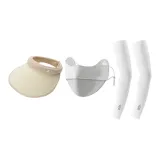 Серая маска на лицо + бежево-желтая шапка с визором + белый солнцезащитный рукав