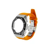 Серебристый Черный Круглый Стальной Корпус + Оранжевый Фторкаучуковый Ремешок + Серебряная Застежка-бабочка