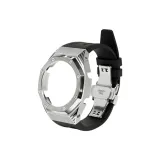 Серебряный стальной корпус + черный фторкаучуковый ремешок + серебряная застежка-бабочка