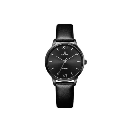 EBOHR Кварцевый механизм кожаный ремешок часы женские черный циферблат