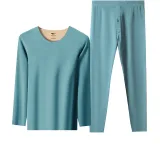 Длинный рукав топ + штаны комплект (синий) термический флисовый с подкладкой / бесшовный крой / внутренняя одежда шелк тутового дерева.