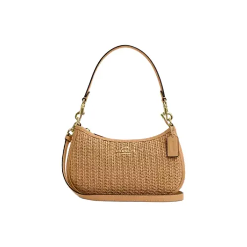 COACH Teri Солома с Гладкой Кожей Портативная Сумка через плечо Сумка на плечо Средняя Женская Латте Многоцветная