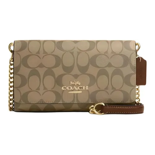 COACH Flip-открытие Холст с покрытием и гладкая кожа Сумка через плечо Маленькая Женская Золото и Хаки