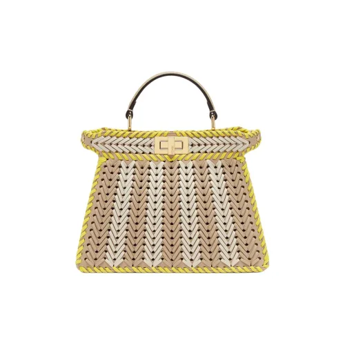 FENDI Peekaboo ISeeU Телячья кожа Одно плечо Сумка Маленькая Женская Бежевая и Желтая