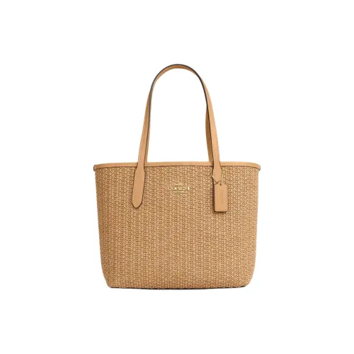 COACH Городской Солома с Гладкой Кожей Тоут Сумка Сумка для покупок Сумка на одно плечо Средний Женская Латте