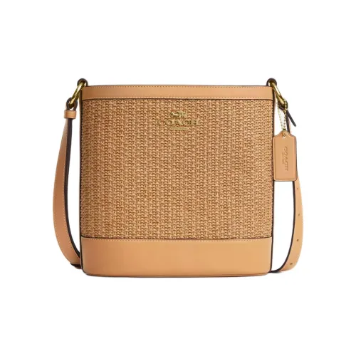 COACH Солома с гладкой кожей ведрообразная сумка сумка через плечо маленькая женская латте многоцветная