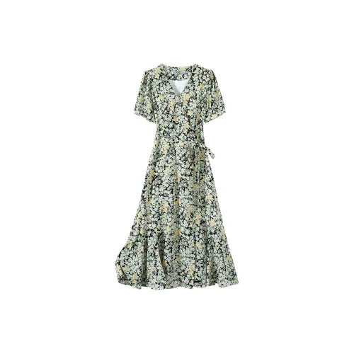 TOUCH Короткий рукав Платье Женское Черное с Желто-зеленым Цветочным