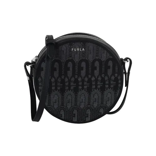 Furla Жаккардовая ткань с натуральной кожей Маленькая круглая сумка сумка через плечо маленькая женская черная