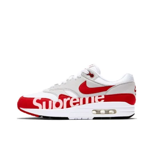 Supreme x Nike Air Max 1 Амортизация Износостойкий Низкий Топ Воздушная Подушка Повседневные Беговые Кроссовки Унисекс Белый Красный