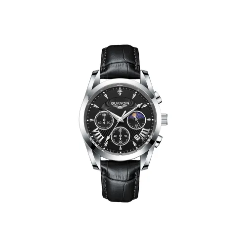 GUANQIN DS19196.BHPD Кварцевый механизм Естественная кожа Ремешок Часы Мужские Черный циферблат