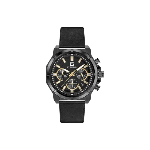 GT DESIGN Кварцевый механизм Кожаный ремешок Часы Мужские Черный циферблат