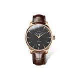 Розовый корпус, черный циферблат, коричневая кожа