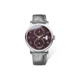 Серебряный корпус, теплый красно-серый ремешок.