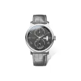 Серебряный корпус, металлический циферблат, серый, кожа.