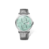 Серебряный корпус, ледяной зеленый, кожа.