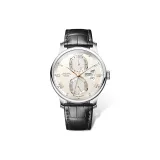 Серебряный корпус, абрикосовый циферблат, черная кожа.