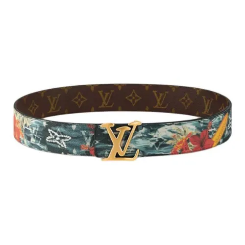 LOUIS VUITTON Серфинг Узор Ремни из Холщовой Кожи Мужские Синие Ширина 4CM