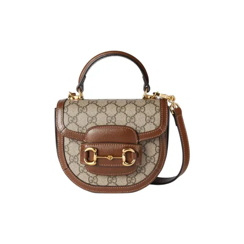 GUCCI Horsebit 1955 Холст Одно Плечо Сумка Мини Женская Бежевая и Эбеновая