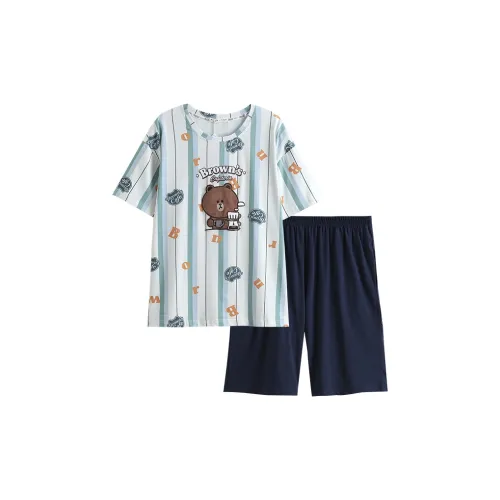 FENTENG Brown Bear Пижамный комплект Мужской Синий Зеленый Полосы