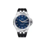 Серебряный bezel, синий циферблат, черный резиновый ремешок
