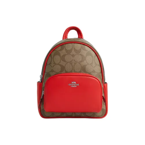 COACH Корт Холст с покрытием и гладкая кожа Рюкзак Маленький Women's Silver Khaki Miami Red