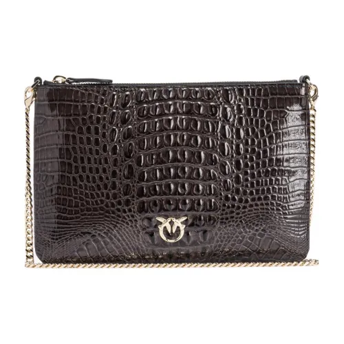 PINKO Крокодиловый узор Кожа Сумка через плечо Женская Черная и Светло-Золотая