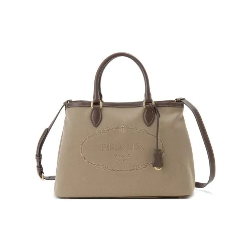 PRADA Холст Телячья кожа Холст Плечевая сумка Сумка Сумка-тоут Женская Бежевая Коричневая