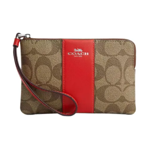 COACH Corner Zip Покрытый холст с переработанной кожей Клатч Маленький Женская серебряная и хаки и Майами красный