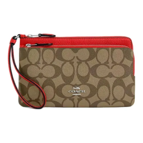 COACH Double Zip Wallet Галька Кожа Мелочь Кошелек Запястье Сумка Кошелек Маленький Women's Silver Khaki Miami Red